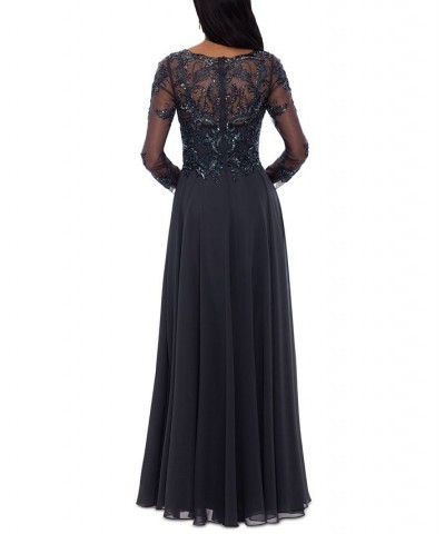 Women's Sequin Embellished Long Sleeve Chiffon Gown Gray $135.96 Dresses