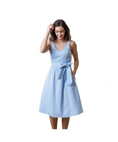 Womens' A-Line Dress with Sash Blue Seersucker $30.57 Dresses