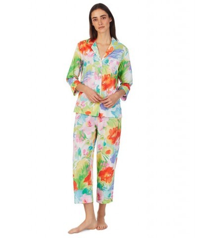 Women's 3/4 Sleeve Notch Collar Capri Pant Pajama 2 Piece Set White $37.80 Sleepwear