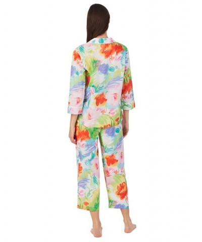 Women's 3/4 Sleeve Notch Collar Capri Pant Pajama 2 Piece Set White $37.80 Sleepwear