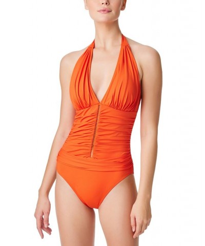 Women's Behind the Seams Shirred Halter One-Piece Swimsuit Orange $60.75 Swimsuits