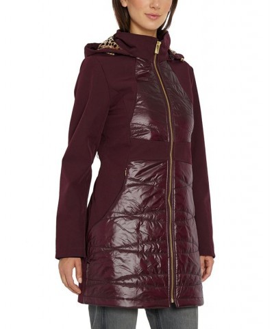 Women's Petite Hooded Mixed-Media Raincoat Purple $60.00 Coats