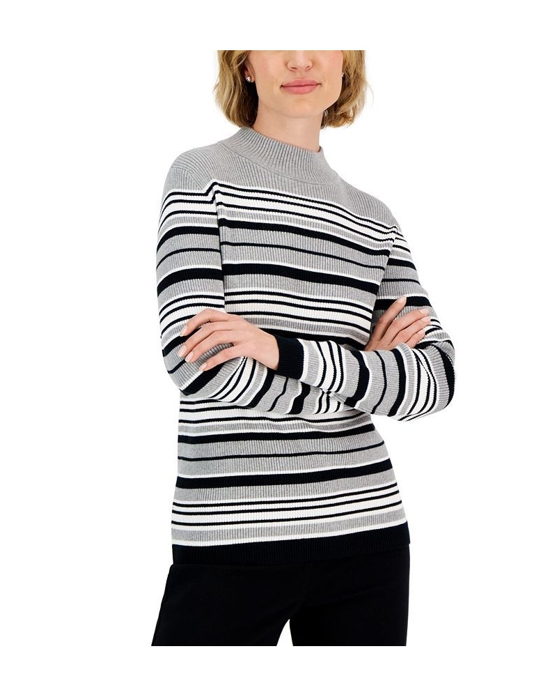 Women's Striped Cotton Mock Neck Sweater Gray $12.84 Sweaters