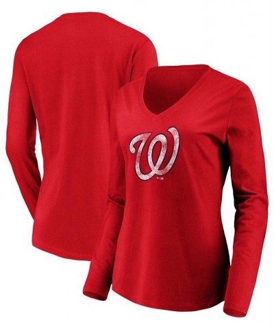 Women's Red Washington Nationals Core Team Long Sleeve V-Neck T-shirt Red $25.19 Tops