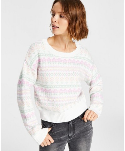 Juniors' Fair Isle Crewneck Long-Sleeve Sweater Whisper White Combo $16.52 Sweaters