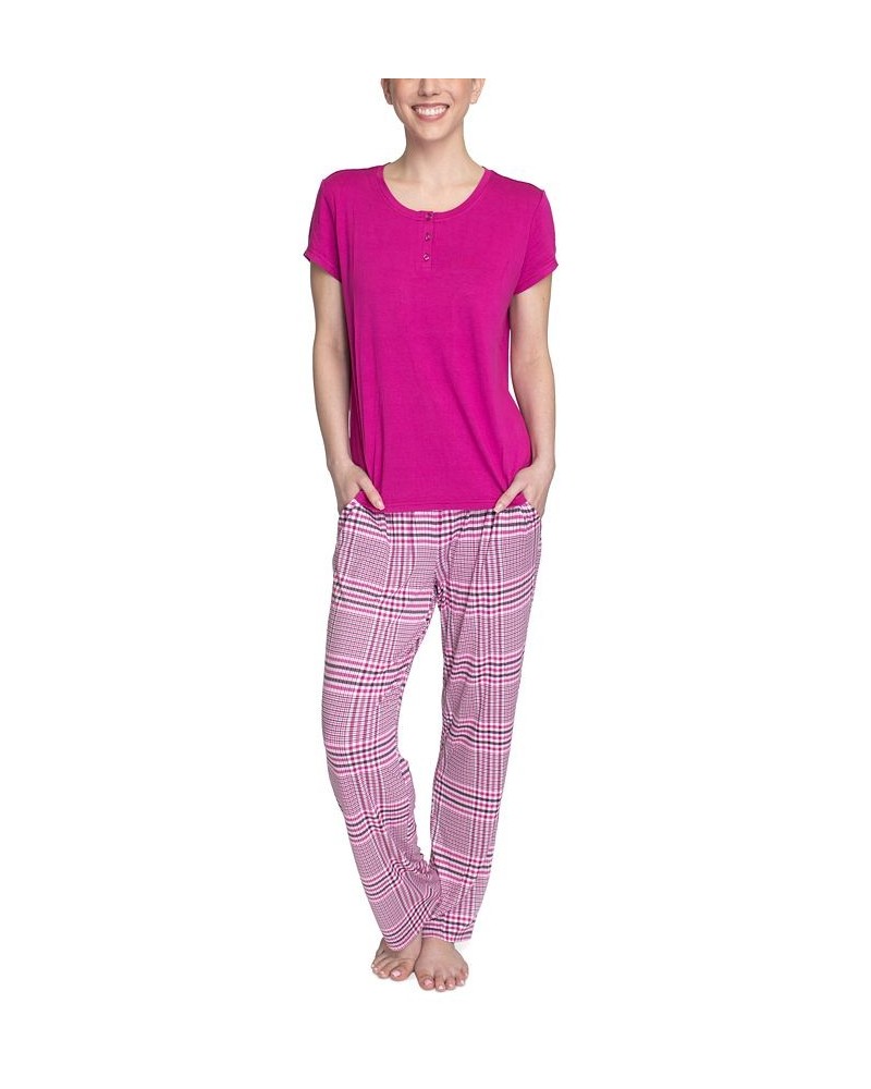Women's Short Sleeve Henley Top & Pajama Pants Set Berry Plaid $26.68 Sleepwear