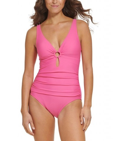 Women's Ring Hardware Cutout One Piece Swimsuit Pink $53.10 Swimsuits