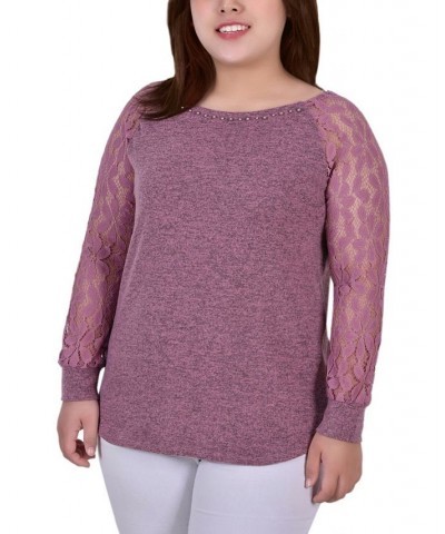 Plus Size Long Lace Sleeve Top Purple $13.72 Tops