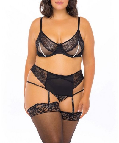 Plus Size Lace and Imitation Pearls Open Cup Bra and Matching G-String Set 2pc Lingerie Set Black $26.28 Lingerie