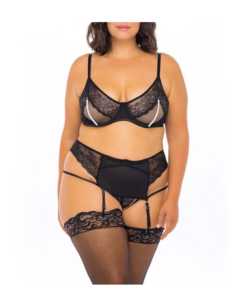 Plus Size Lace and Imitation Pearls Open Cup Bra and Matching G-String Set 2pc Lingerie Set Black $26.28 Lingerie