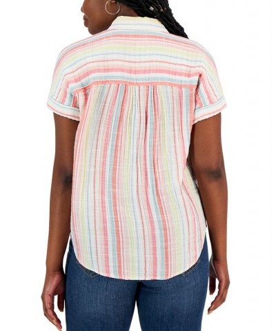 Women's Cotton Gauze Striped Camp Shirt Multi $15.77 Tops