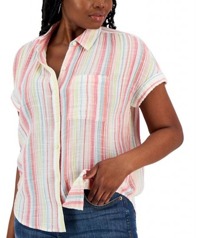 Women's Cotton Gauze Striped Camp Shirt Multi $15.77 Tops