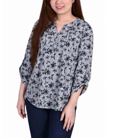 Petite Size 3/4 Roll Sleeve Top Gray Navy Floral $17.16 Tops