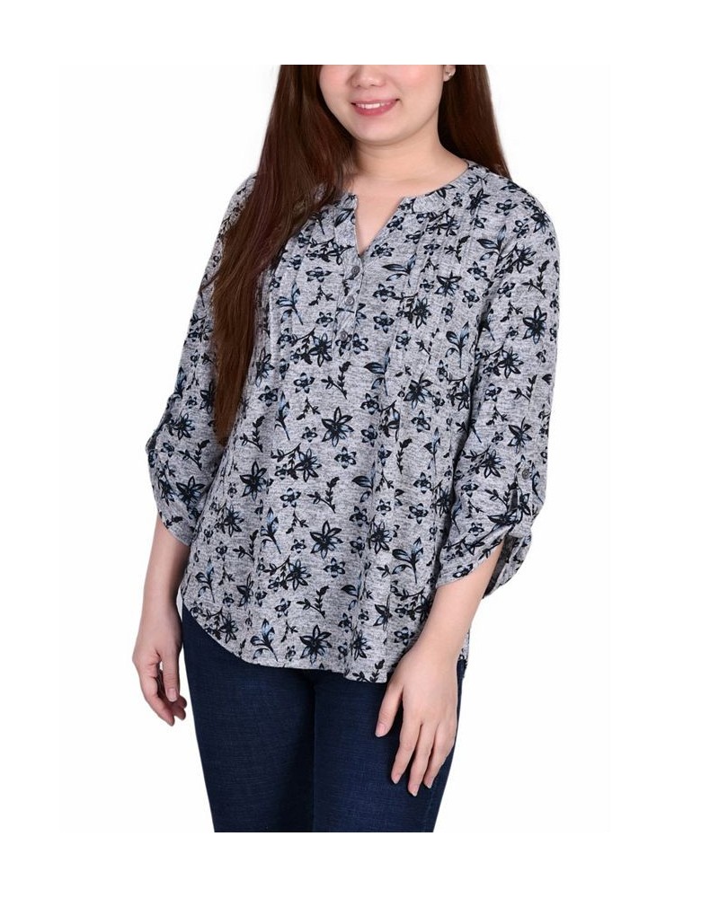 Petite Size 3/4 Roll Sleeve Top Gray Navy Floral $17.16 Tops