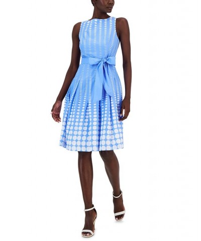 Women's Cotton Dot-Print Fit & Flare Belted Dress Blue $67.05 Dresses