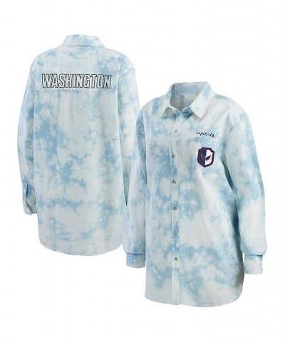 Women's White Washington Capitals Oversized Tie-Dye Button-Up Denim Shirt White $35.87 Tops