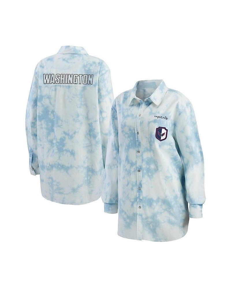 Women's White Washington Capitals Oversized Tie-Dye Button-Up Denim Shirt White $35.87 Tops