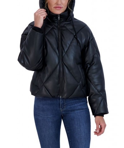 Women's Faux Leather Puffer Coat Black $31.00 Coats