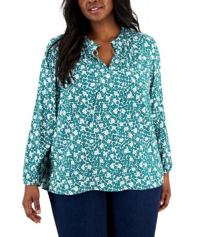Plus Size Ruffled Tie-Neck Floral Peasant Top Ivory/Kelly Green $24.88 Tops