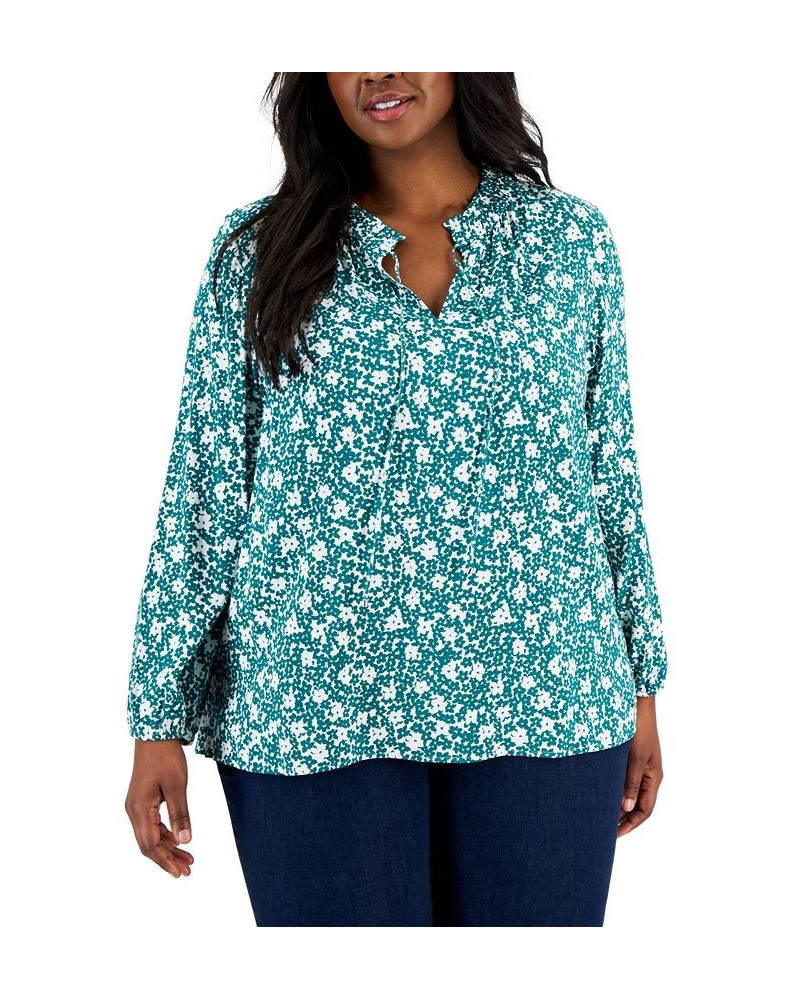 Plus Size Ruffled Tie-Neck Floral Peasant Top Ivory/Kelly Green $24.88 Tops