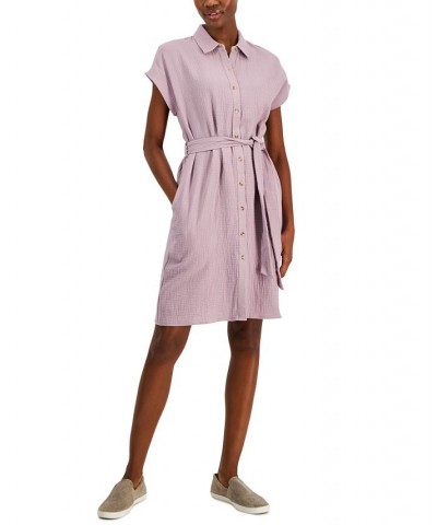 Women's Cotton Crinkle Gauze Shirtdress Purple $20.13 Dresses
