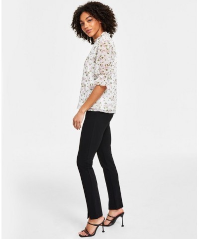 Women's Floral-Print Tie-Neck Clip-Dot Blouse & Front-Slit Straight-Leg Ponté Pants Rich Black $23.52 Pants