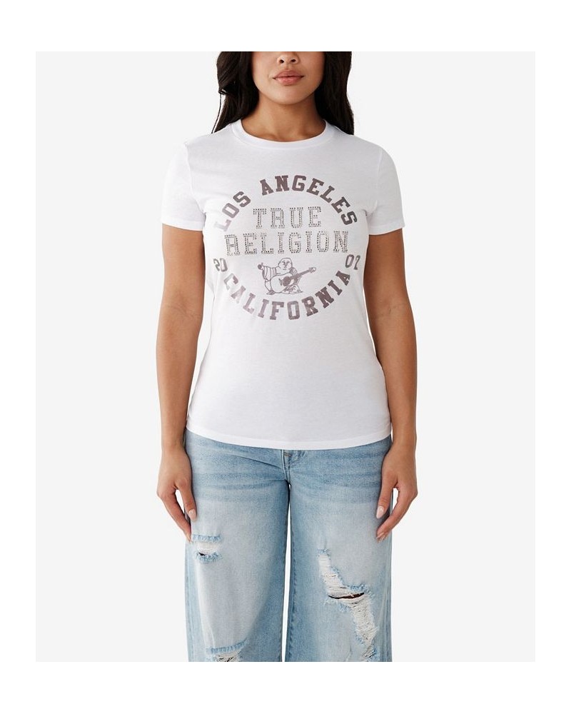 Women's Short Sleeve Crystal Slim Crew T-Shirt White $25.42 Tops