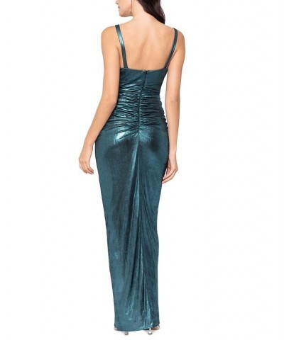 Women's Ruched Metallic Long Sheath Dress Blue $122.59 Dresses