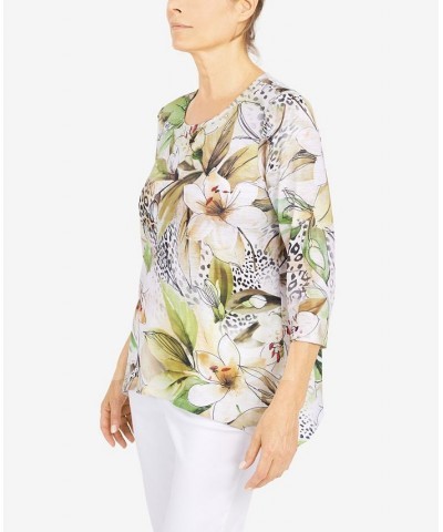Women's Classics Skin Floral Print 3/4 Sleeve Top Tan $30.32 Tops