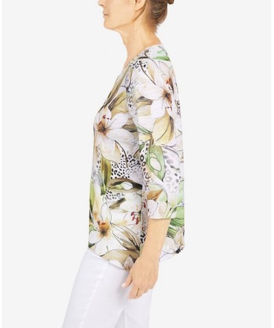 Women's Classics Skin Floral Print 3/4 Sleeve Top Tan $30.32 Tops