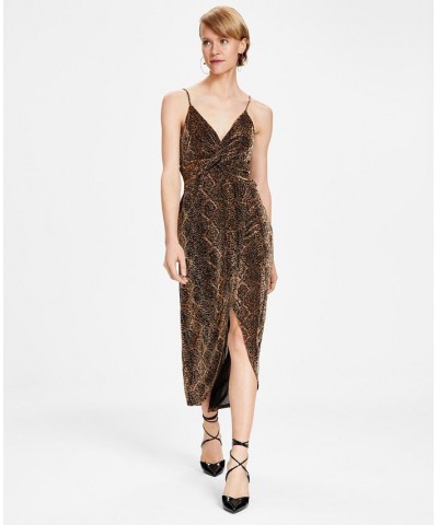 Women's Twisted Glitter-Knit Faux-Wrap Dress Copper/Black $26.25 Dresses