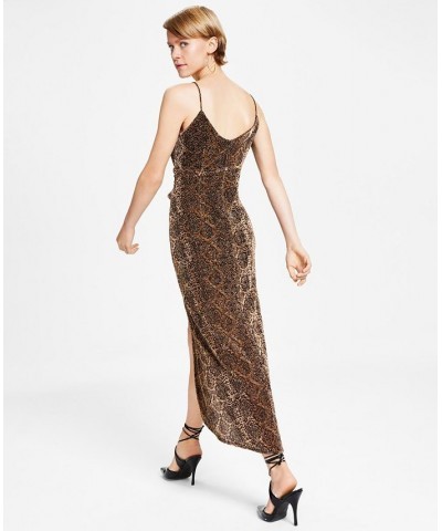 Women's Twisted Glitter-Knit Faux-Wrap Dress Copper/Black $26.25 Dresses