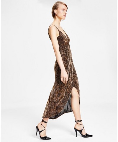 Women's Twisted Glitter-Knit Faux-Wrap Dress Copper/Black $26.25 Dresses