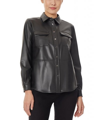 Women's Faux Leather Snap Front Utility Blouse Jones Black $34.18 Tops