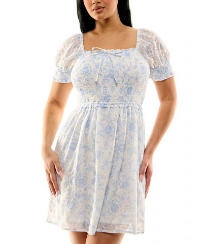 Juniors' Floral-Print Chiffon Eyelet Puff-Sleeve Dress Ivory/blue $29.40 Dresses