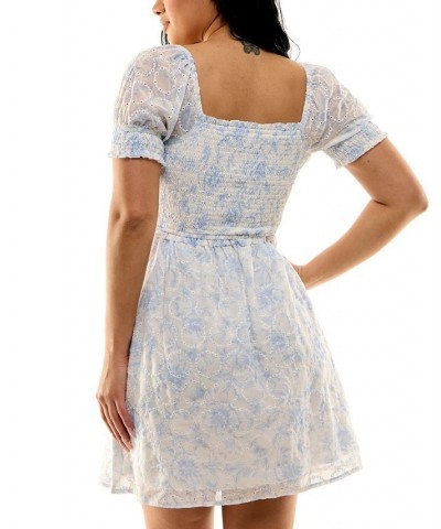 Juniors' Floral-Print Chiffon Eyelet Puff-Sleeve Dress Ivory/blue $29.40 Dresses