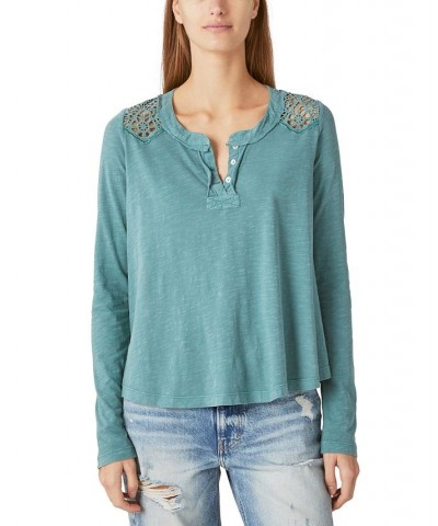 Women's Cotton Cutout Henley Top Green $43.73 Tops