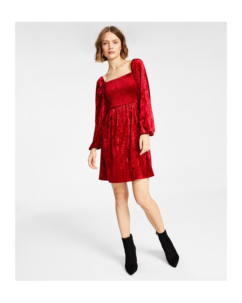 Women's Velvet Smocked Long-Sleeve Dress Fire Red $27.30 Dresses
