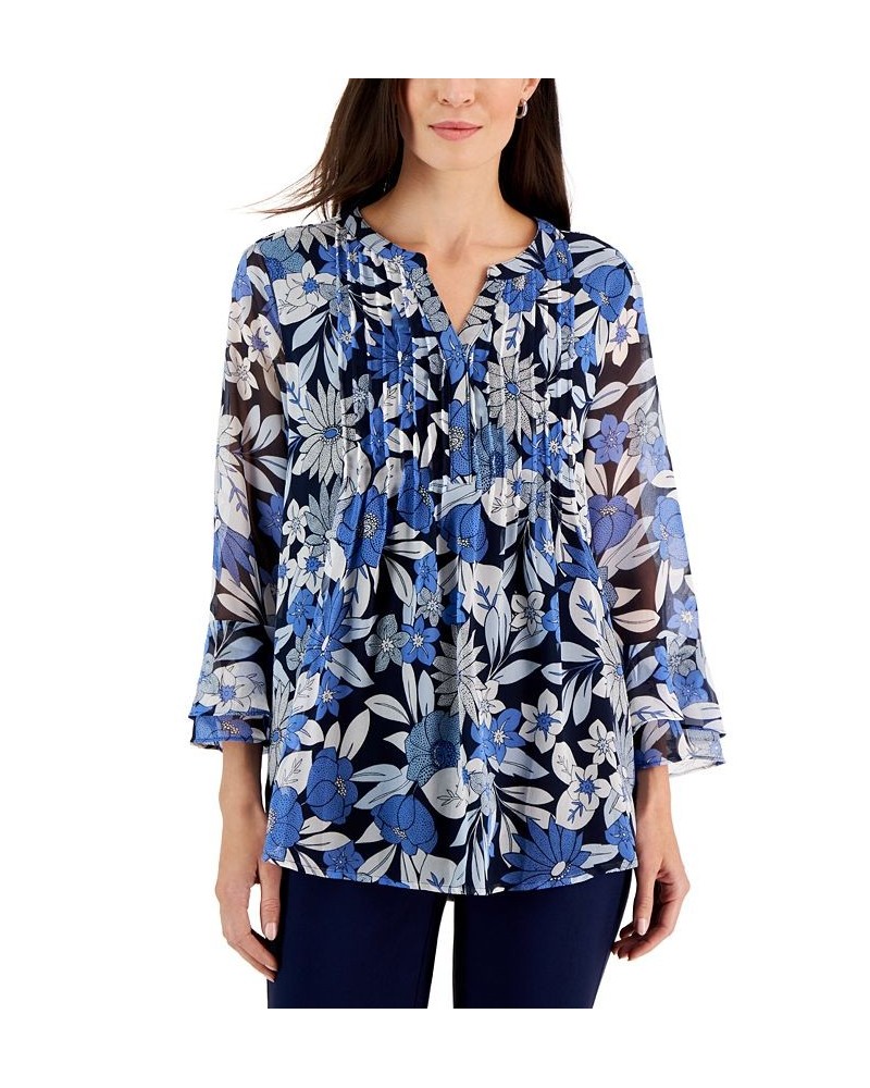 Women's Print Pintuck Top Regular & Petites Intrepid Blue Combo $17.01 Tops