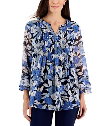 Women's Print Pintuck Top Regular & Petites Intrepid Blue Combo $17.01 Tops