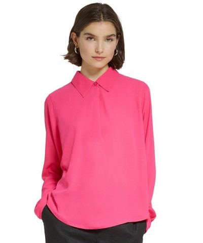Women's Collared One-Button Long-Sleeve Blouse Rosebud $41.08 Tops