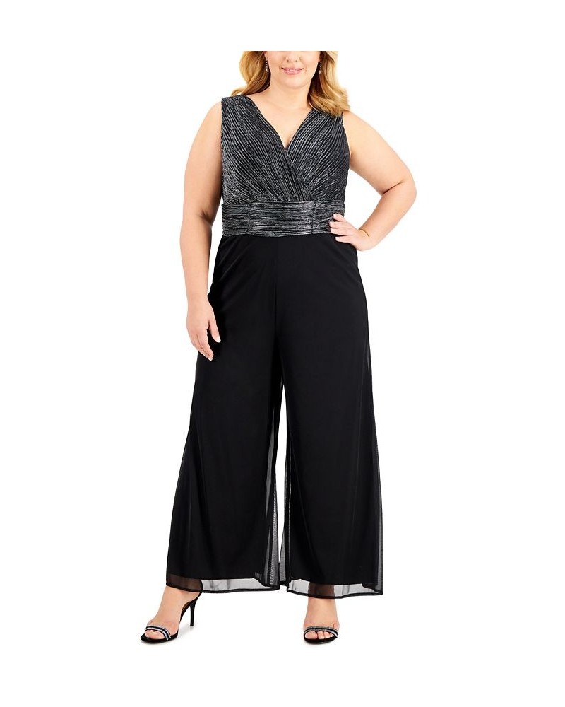 Plus Size Metallic Wide-Leg Cropped Jumpsuit Black Silver $53.41 Pants