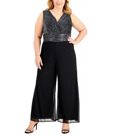 Plus Size Metallic Wide-Leg Cropped Jumpsuit Black Silver $53.41 Pants