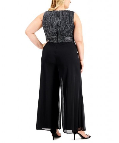 Plus Size Metallic Wide-Leg Cropped Jumpsuit Black Silver $53.41 Pants