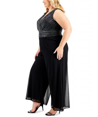 Plus Size Metallic Wide-Leg Cropped Jumpsuit Black Silver $53.41 Pants