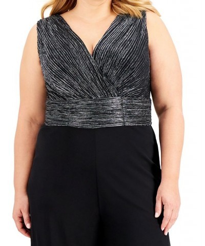 Plus Size Metallic Wide-Leg Cropped Jumpsuit Black Silver $53.41 Pants