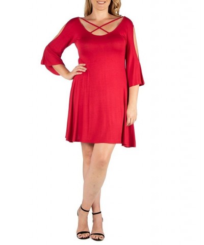 Women's Plus Size Criss Cross Neckline Cold Shoulder Dress Red $24.02 Dresses