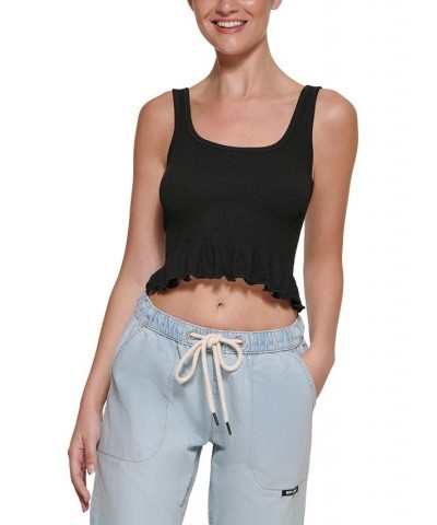 Women's Cropped Ruffled-Hem Tank Top Black $16.03 Tops