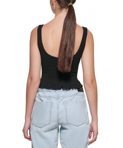 Women's Cropped Ruffled-Hem Tank Top Black $16.03 Tops