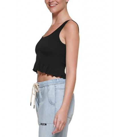 Women's Cropped Ruffled-Hem Tank Top Black $16.03 Tops